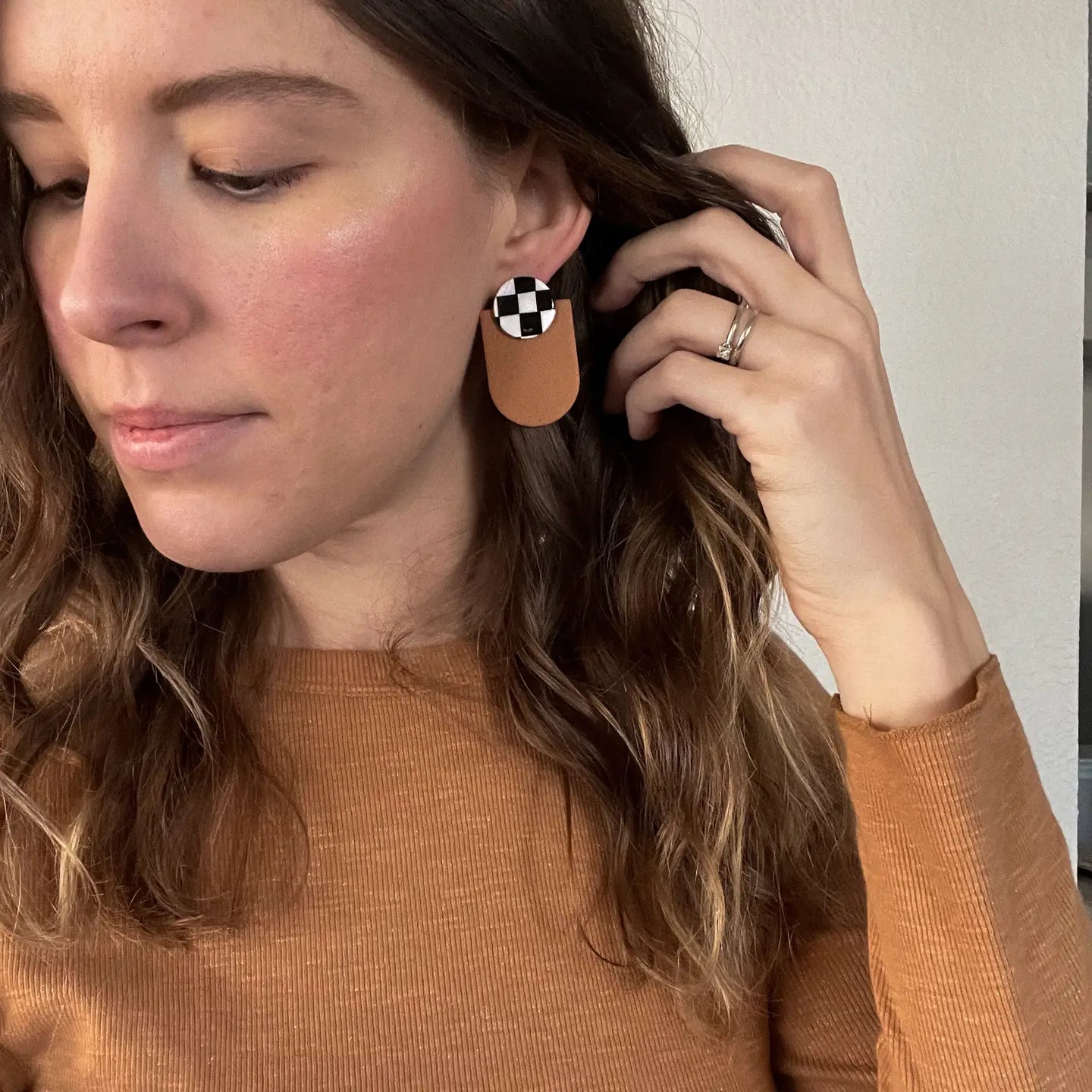 Checkered Camel Clay Earrings