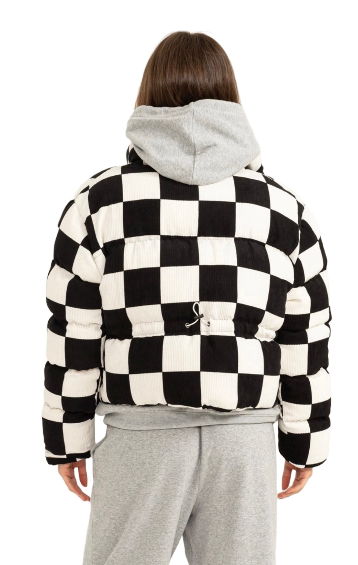 Checkered Corduroy Zip-Front Puffer Jacket