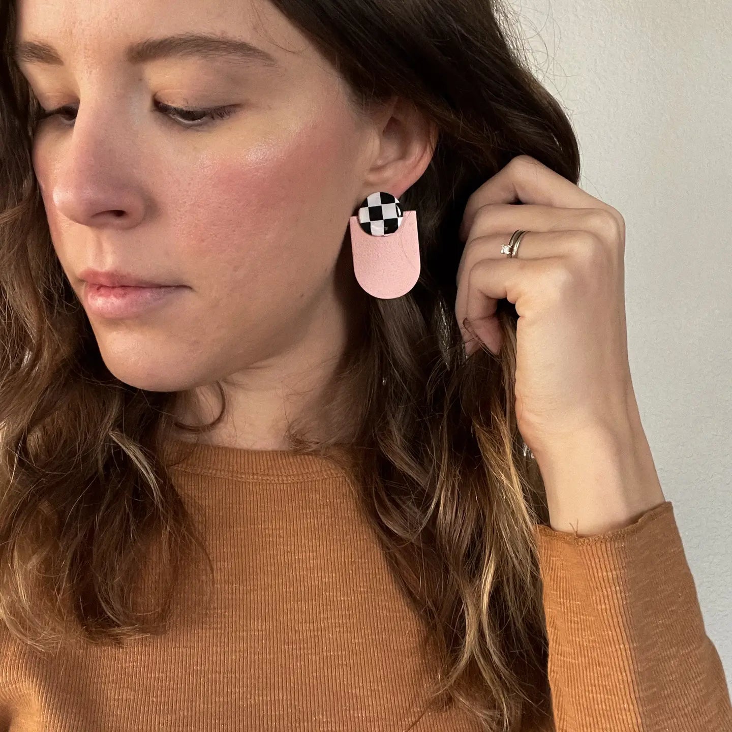 Checkered Pink Clay Earrings