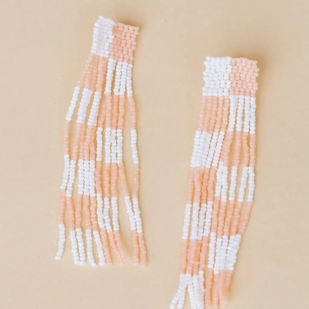 Peach Checkered Hand-Beaded Earrings