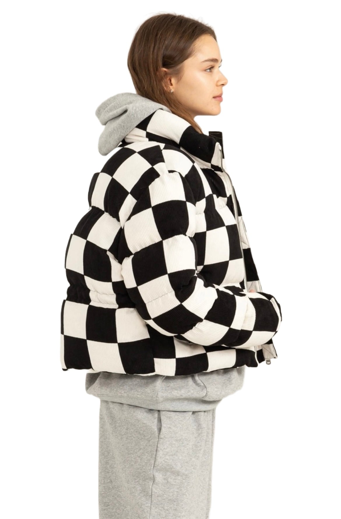 Checkered Corduroy Zip-Front Puffer Jacket