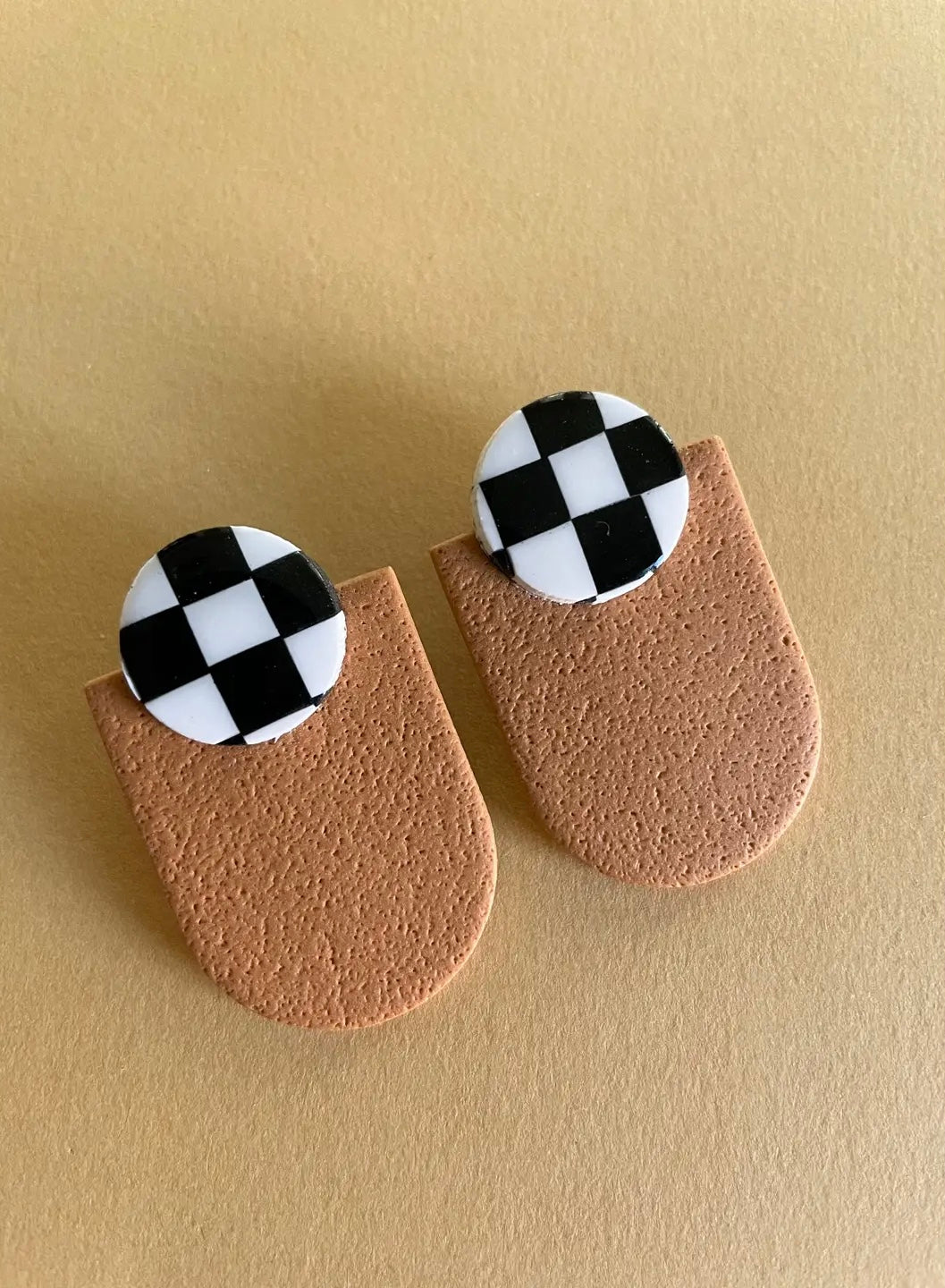 Checkered Camel Clay Earrings