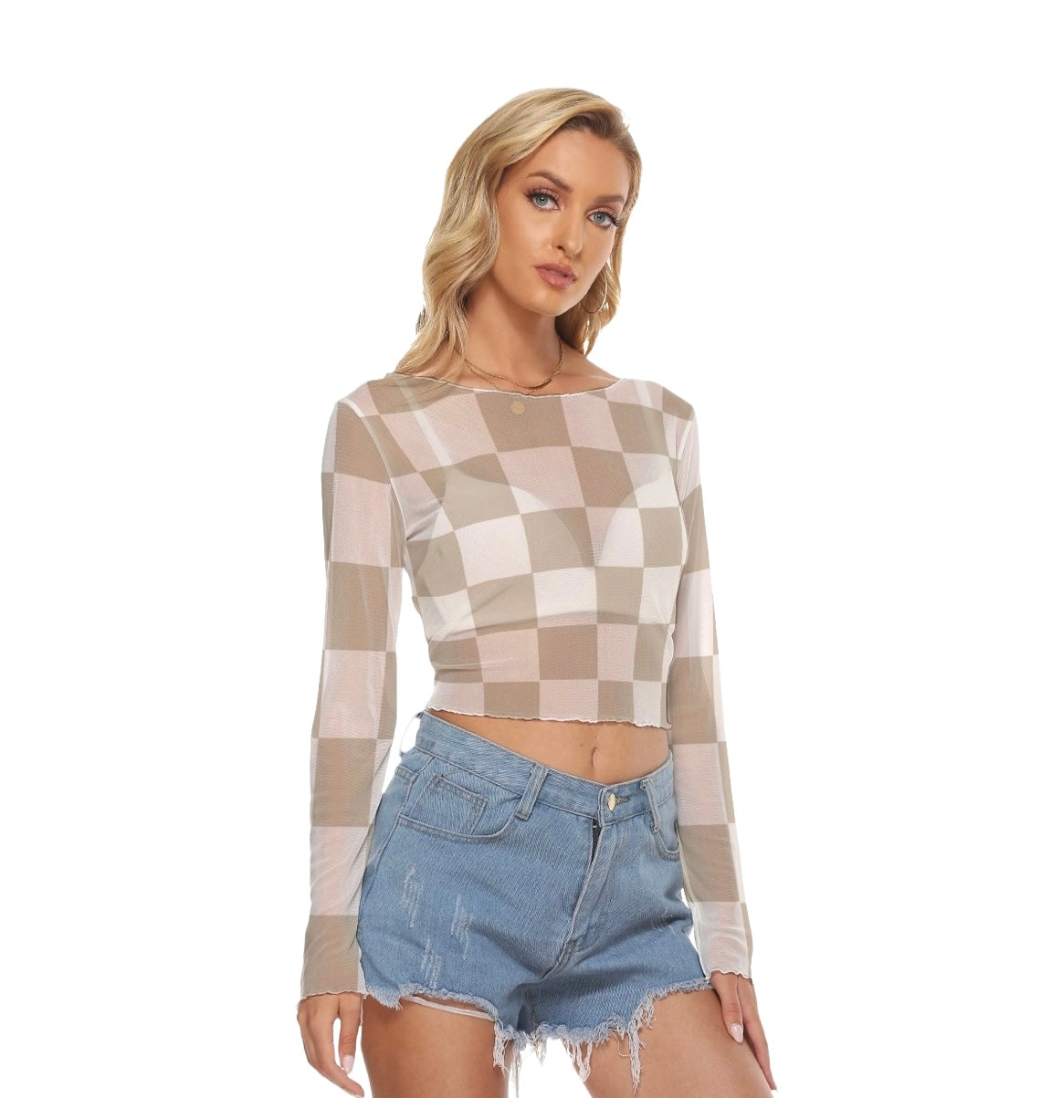 Beige Mesh Checkered Crop Top