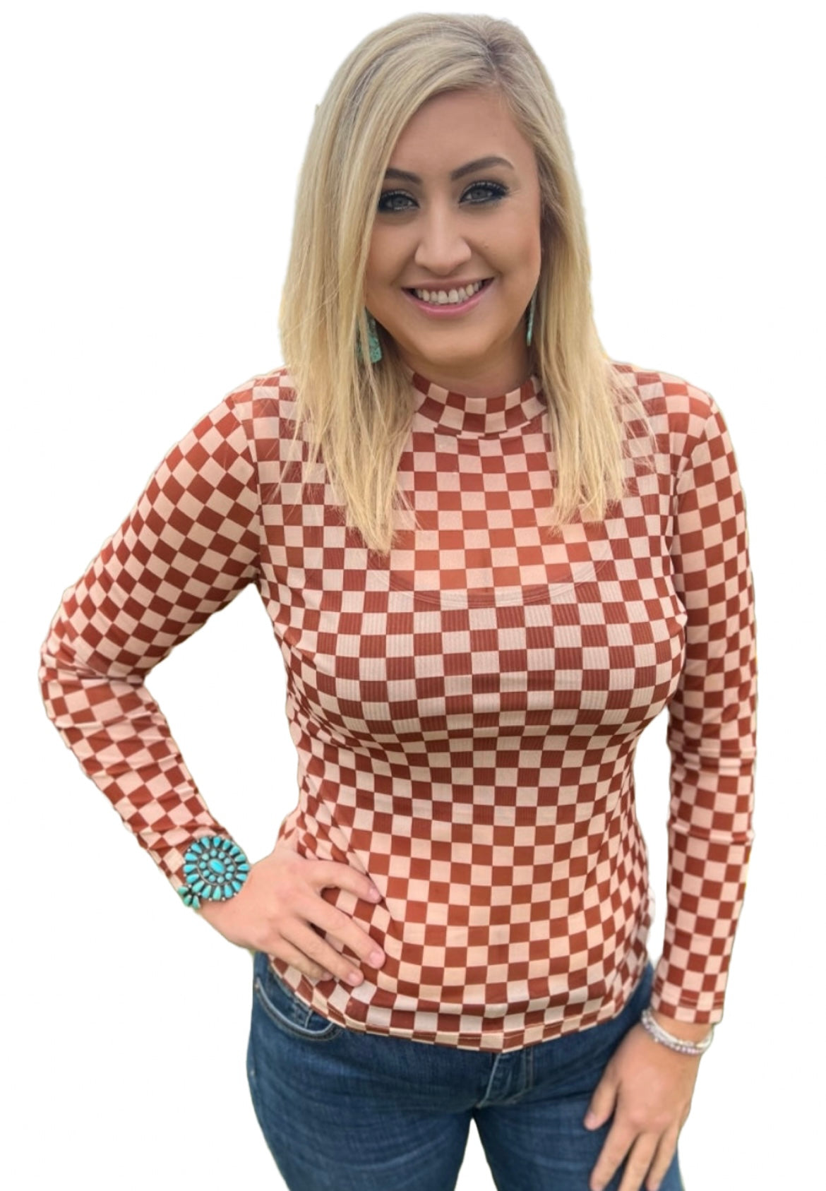 Brown Mesh Checkered Top