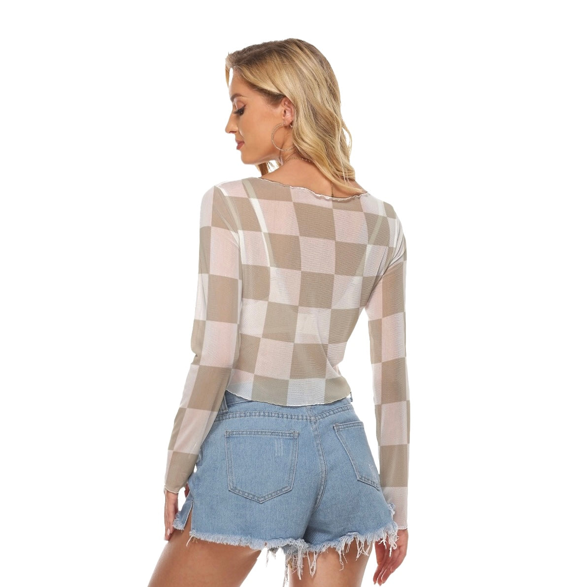 Beige Mesh Checkered Crop Top