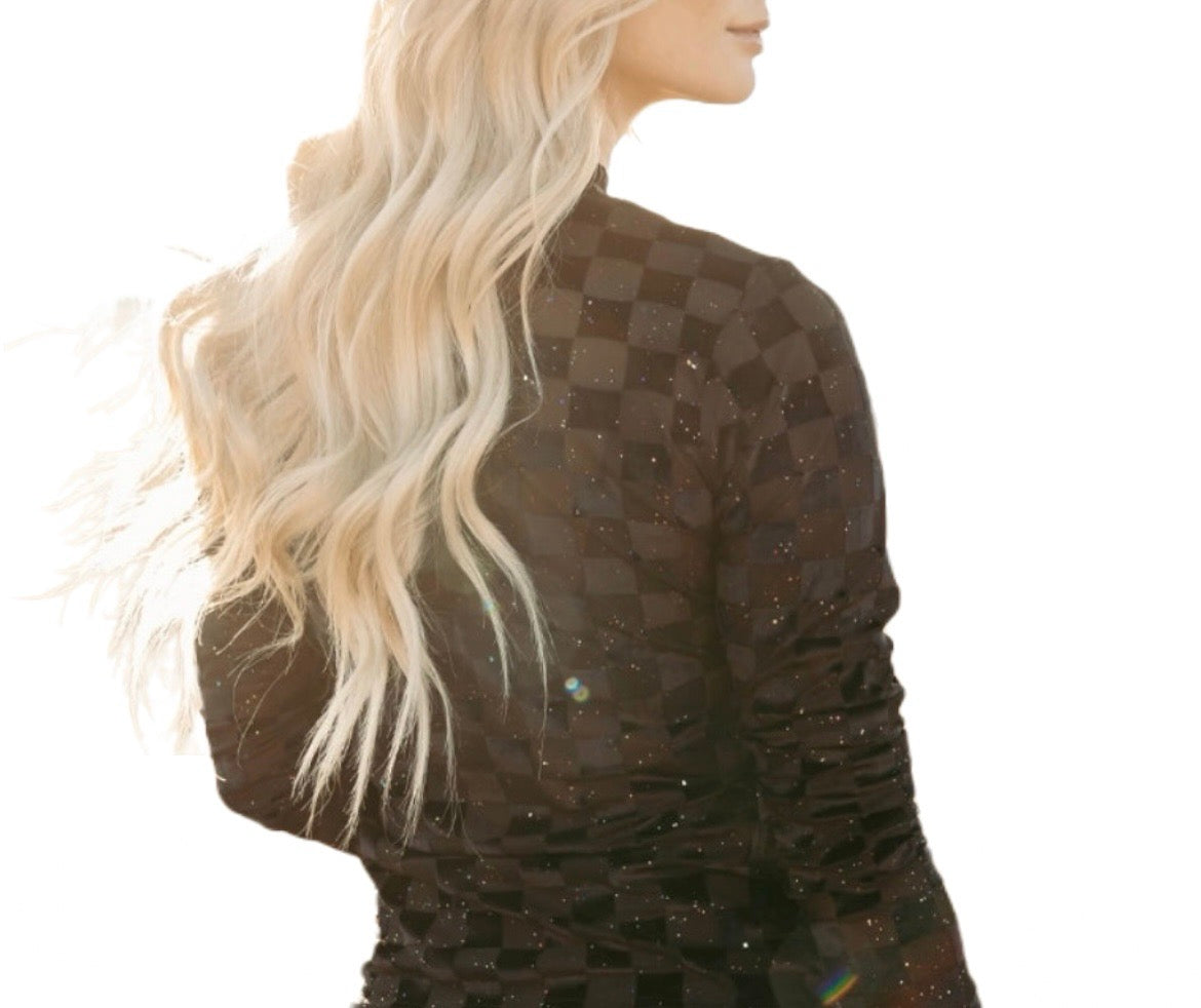 Black Glitter Mesh Checkered Top