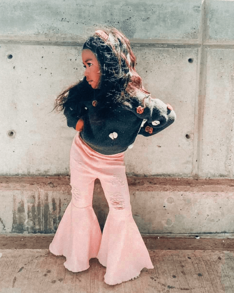 Pink Pleated Denim Bell Bottoms - PowerPuff Distressed