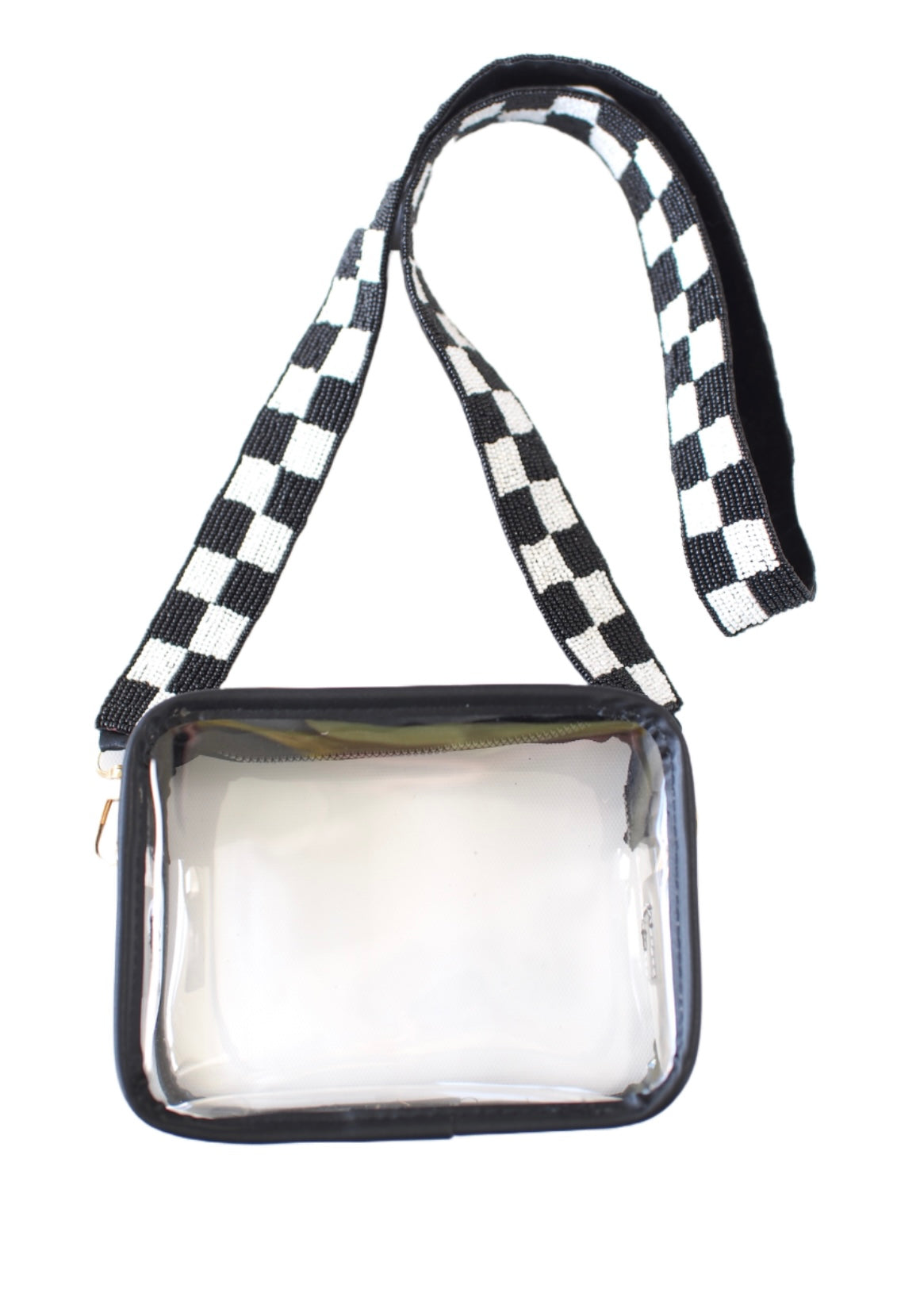 Black Race Day Bag With Beaded Checkered Strap