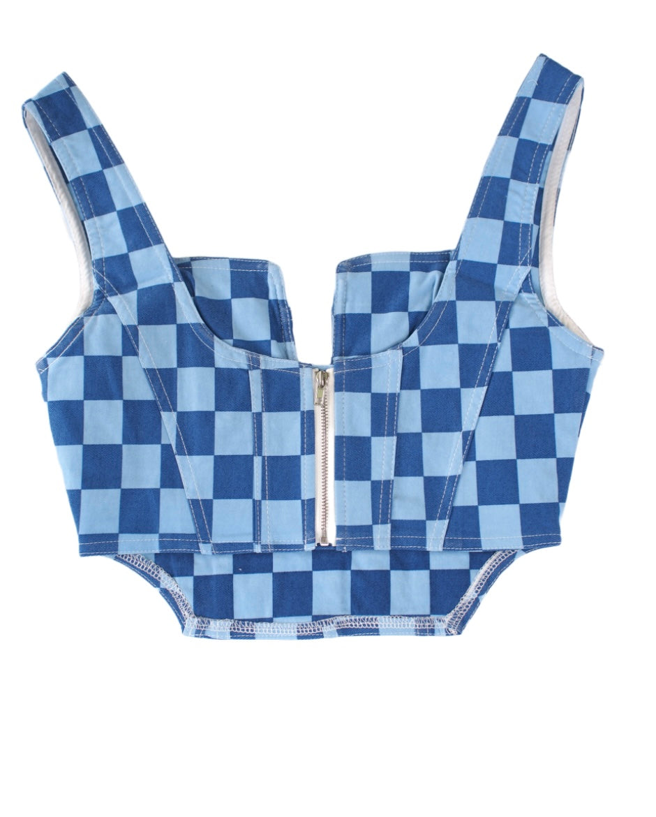 Blue Checkered Corset Crop Top
