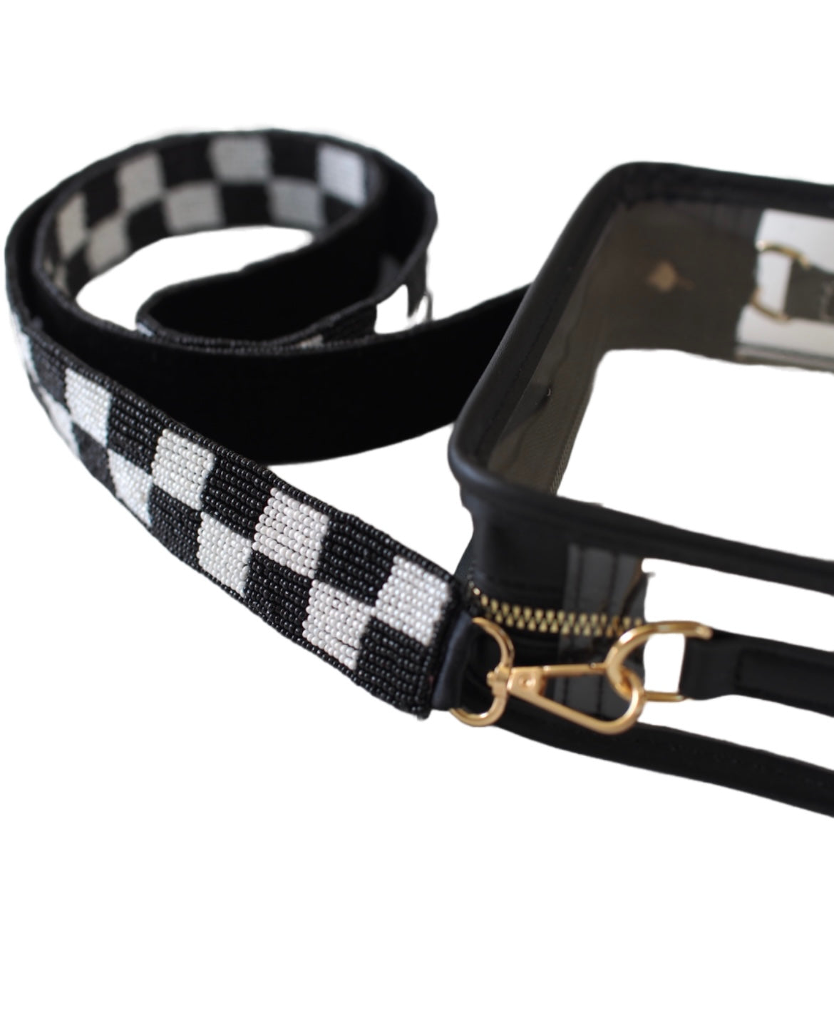 Black Race Day Bag With Beaded Checkered Strap