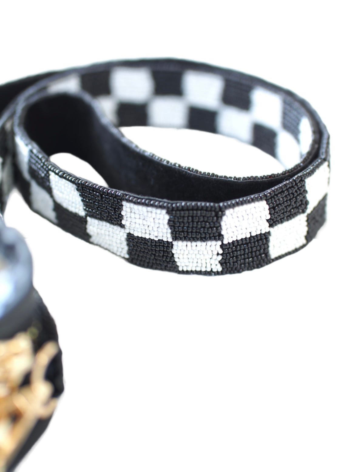 Black Race Day Bag With Beaded Checkered Strap