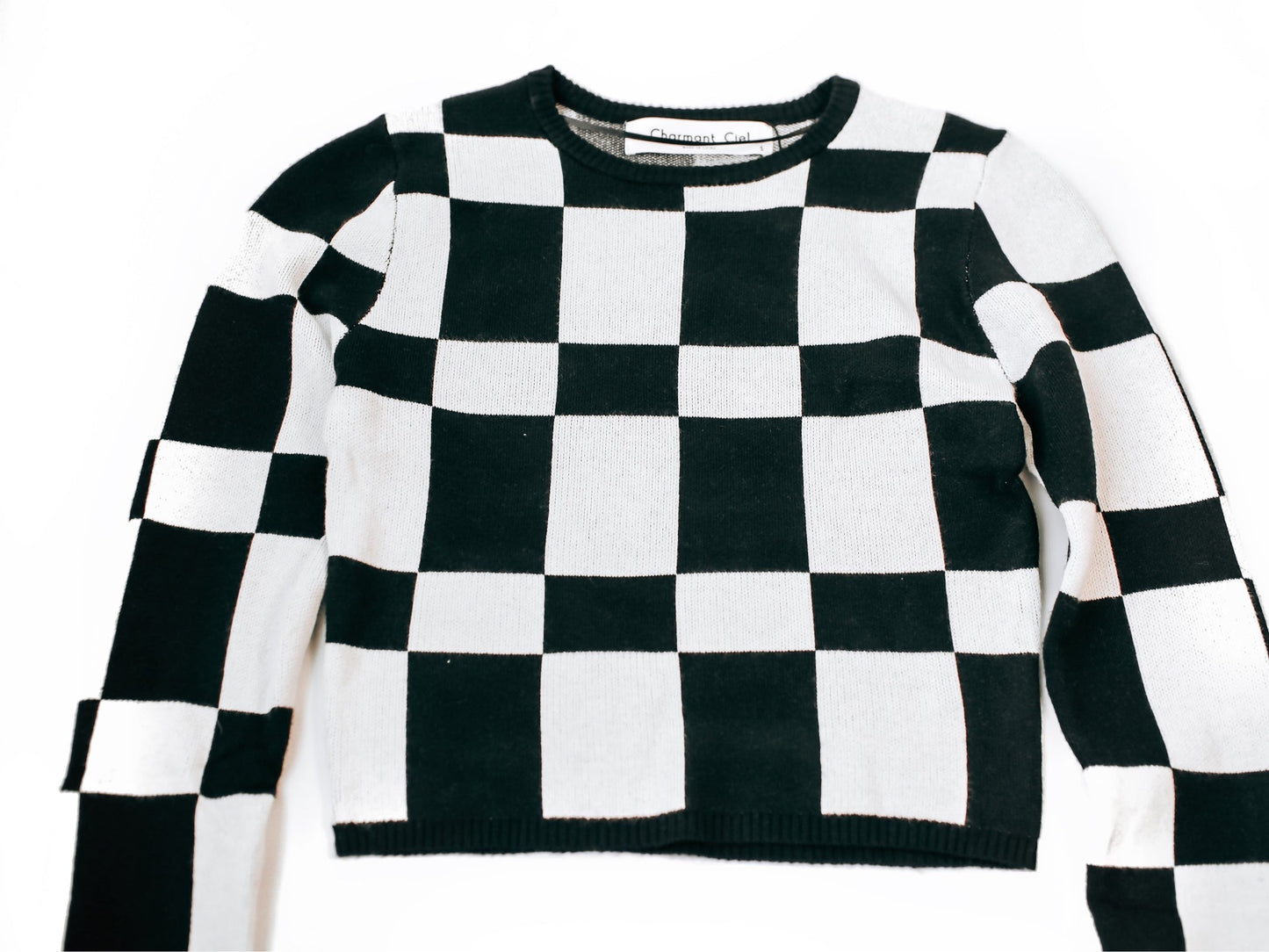 Checker Long Sleeve Crop Sweater Top