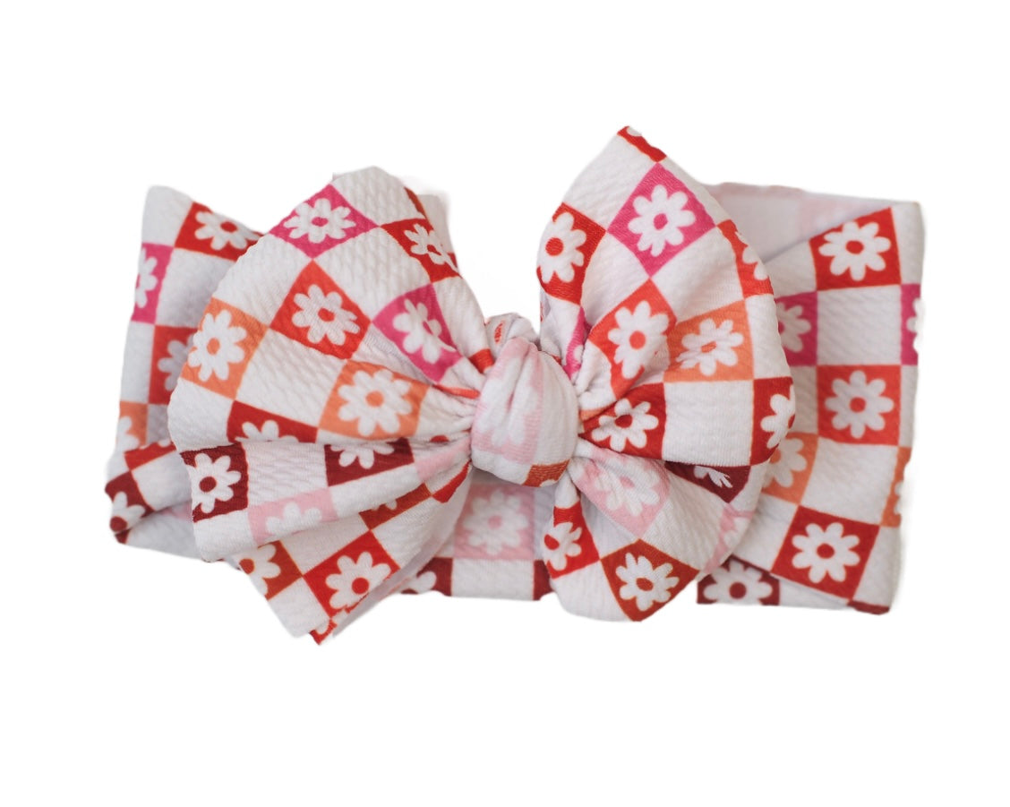 Pink Daisy Checkered Messy Bow
