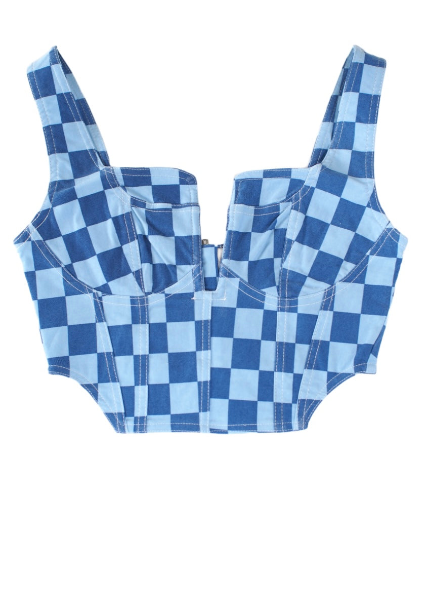 Blue Checkered Corset Crop Top