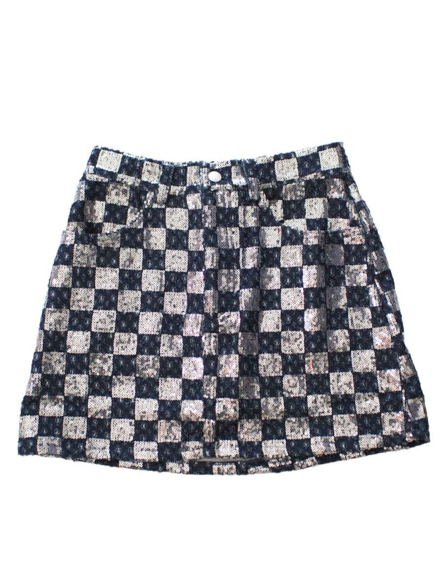 Silver Checkered Sequin Mini Skirt