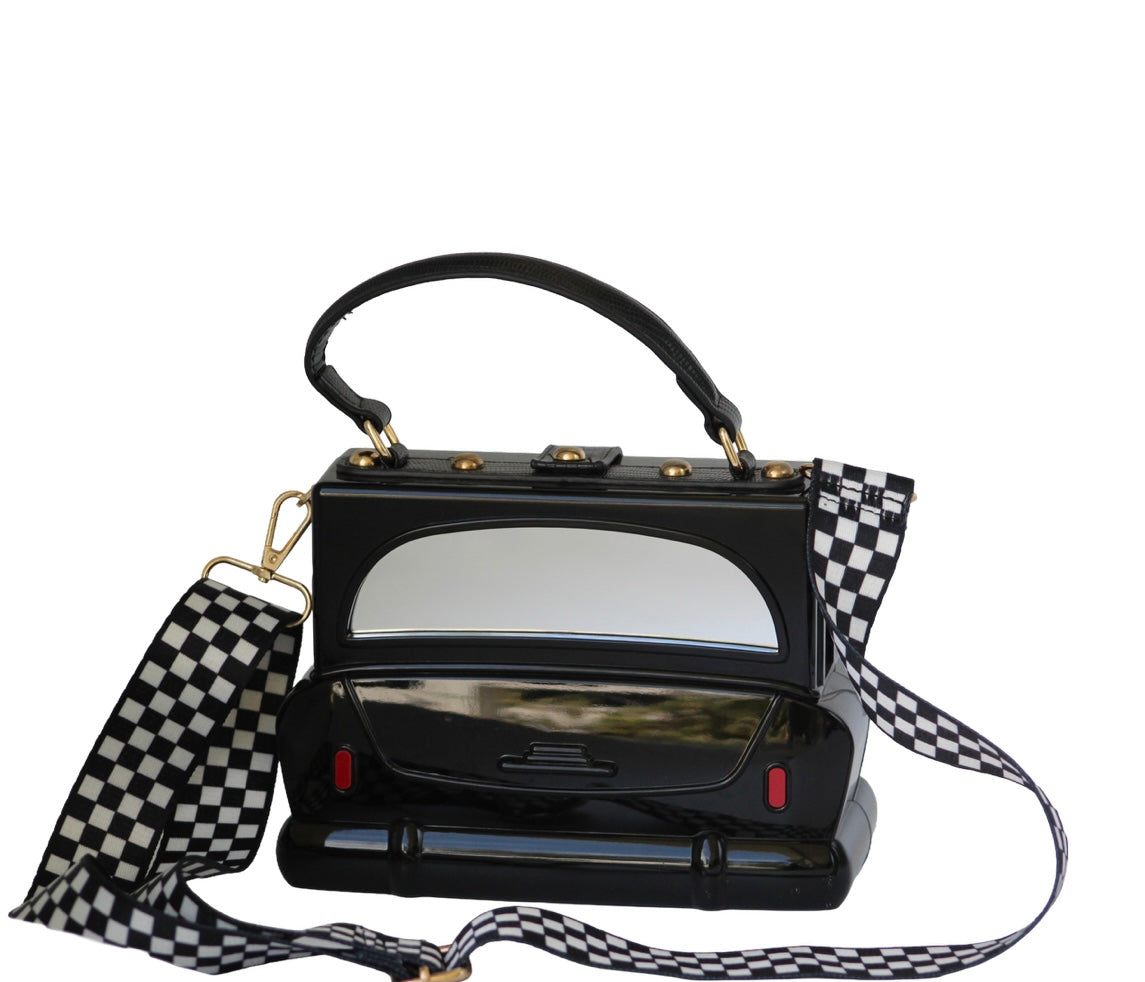Black Car Purse With Checkered Strap