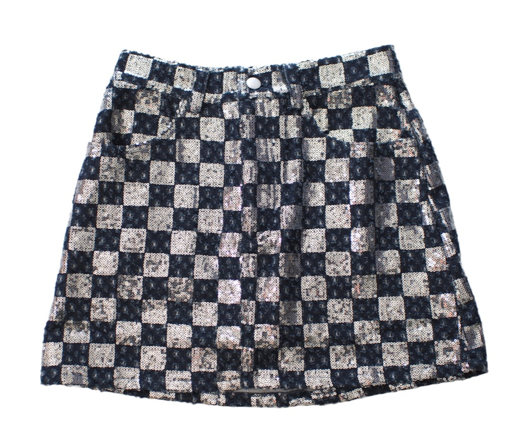 Silver Checkered Sequin Mini Skirt