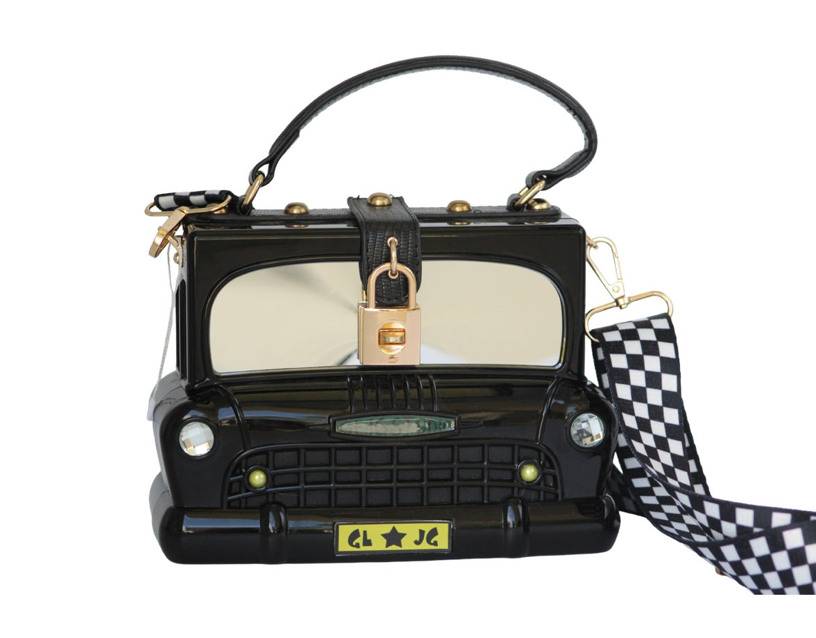 Black Car Purse With Checkered Strap