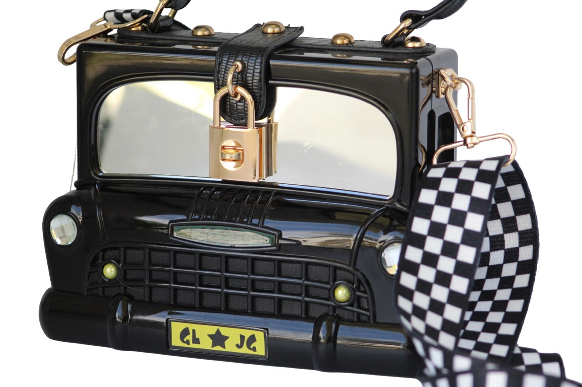 Black Car Purse With Checkered Strap