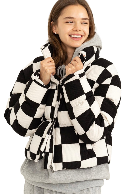 Checkered Corduroy Zip-Front Puffer Jacket