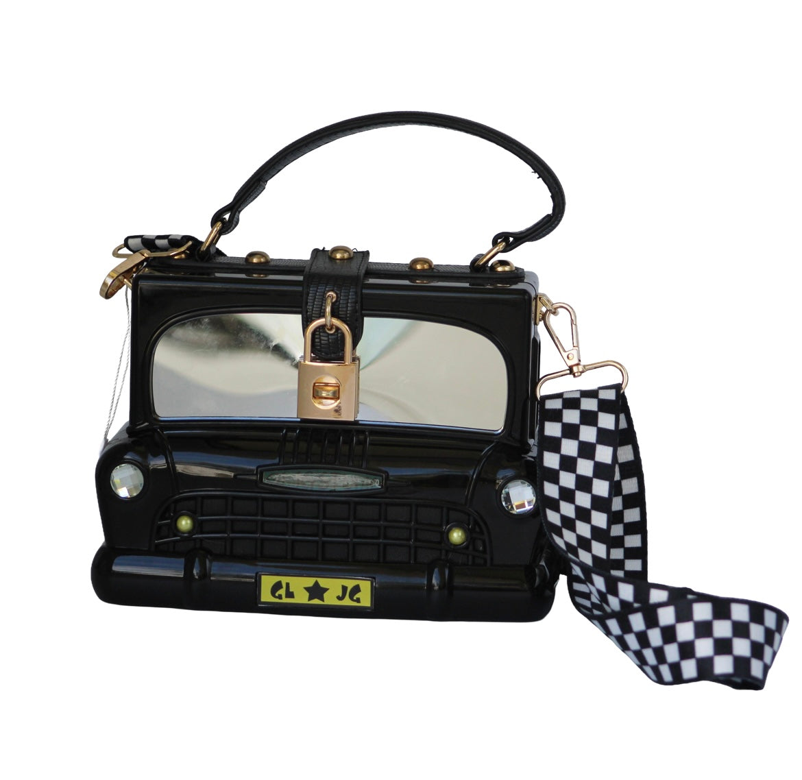 Black Car Purse With Checkered Strap
