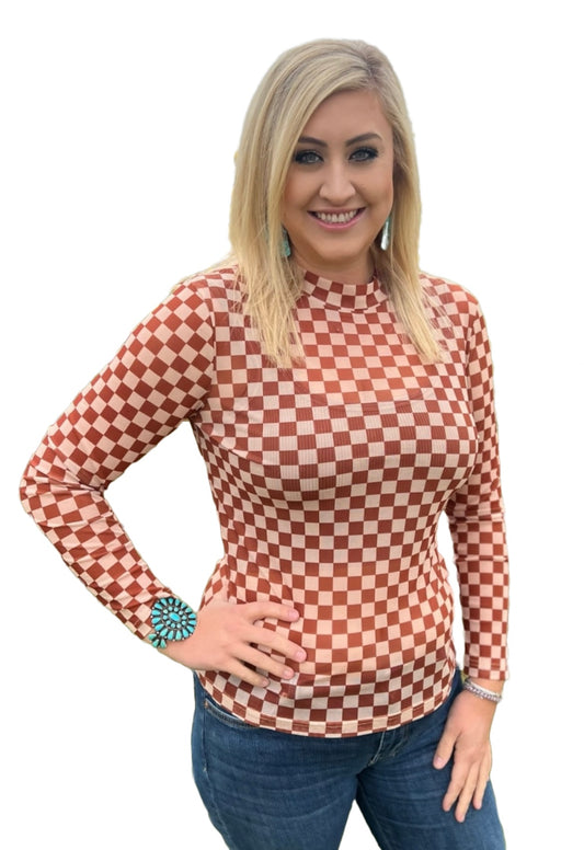 Brown Mesh Checkered Top