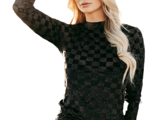 Black Glitter Mesh Checkered Top