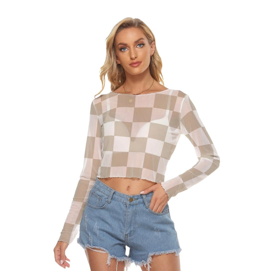 Beige Mesh Checkered Crop Top