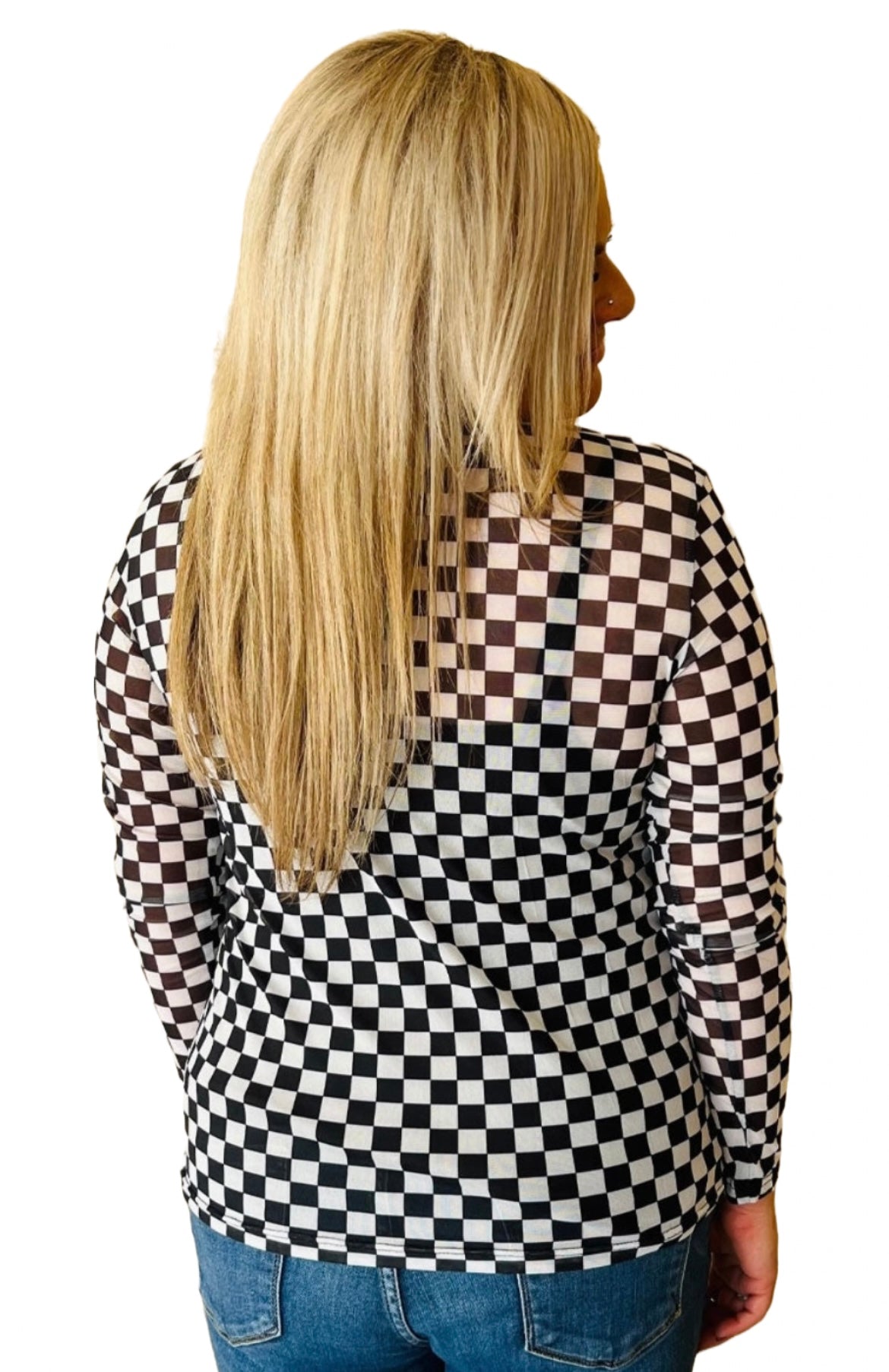 Black Mesh Checkered Top