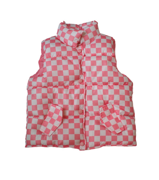 Pink Girls Checkered Puffer Vest