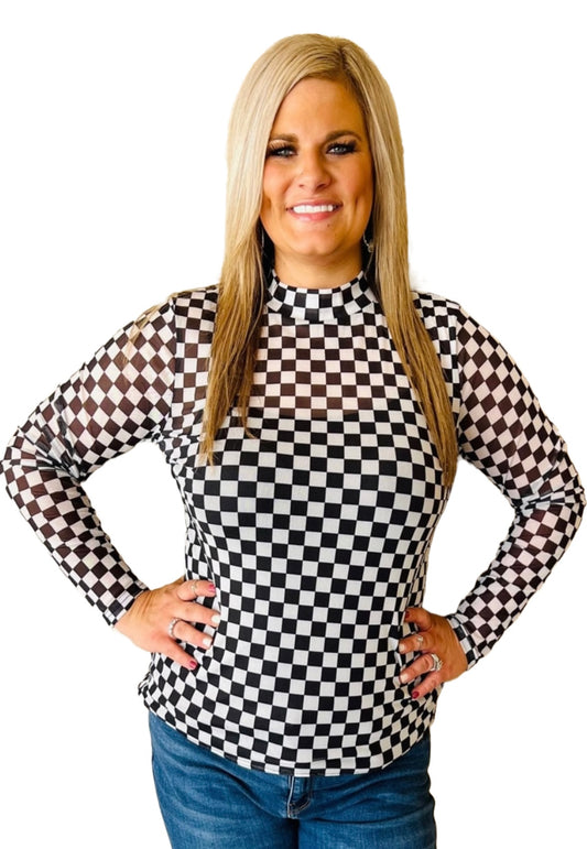 Black Mesh Checkered Top