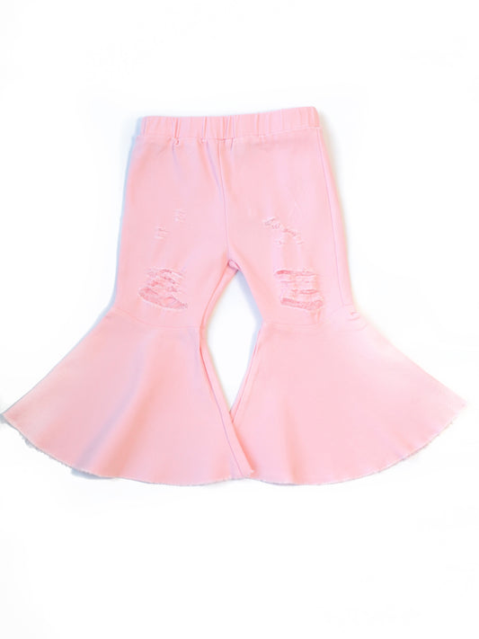 Pink Pleated Denim Bell Bottoms - PowerPuff Distressed