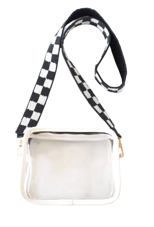 White Race Day Bag With Beaded Checkered Strap