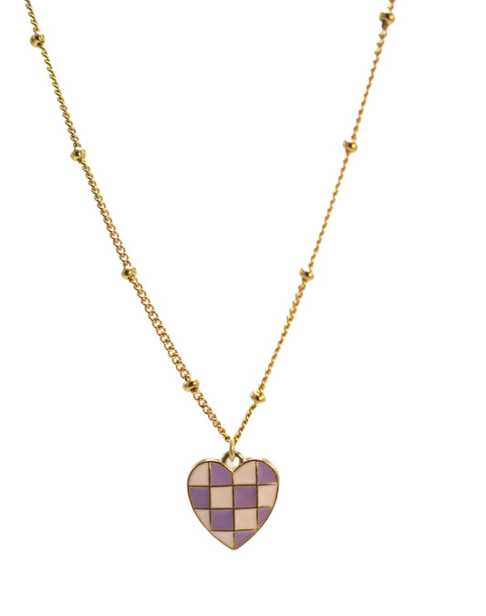 Purple Checkered Heart Necklace