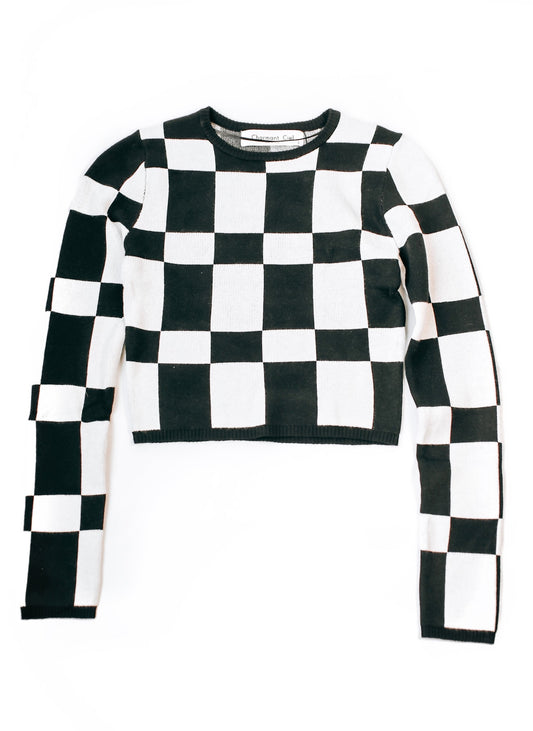 Checker Long Sleeve Crop Sweater Top