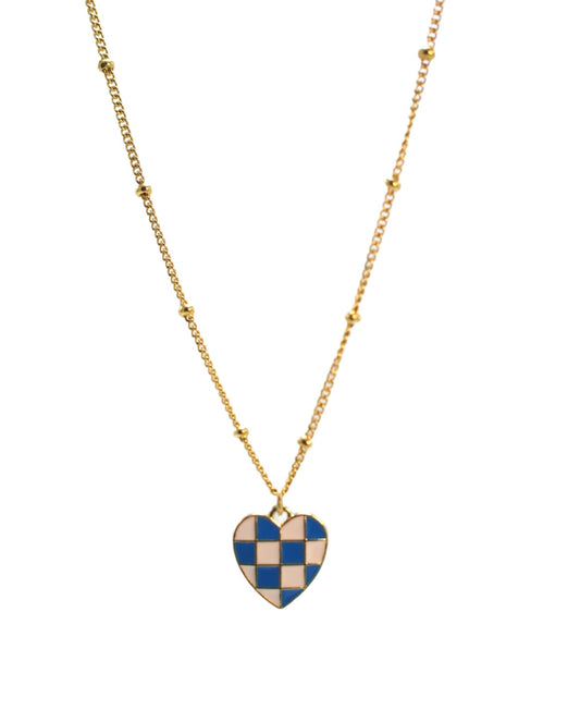 Royal Blue Checkered Heart Necklace