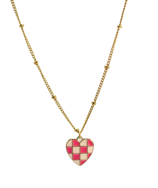 Hot Pink Checkered Heart Necklace