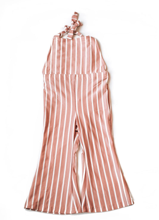 Bubblegum Pink Stripe Bell Bottom Suspender Jumpsuit